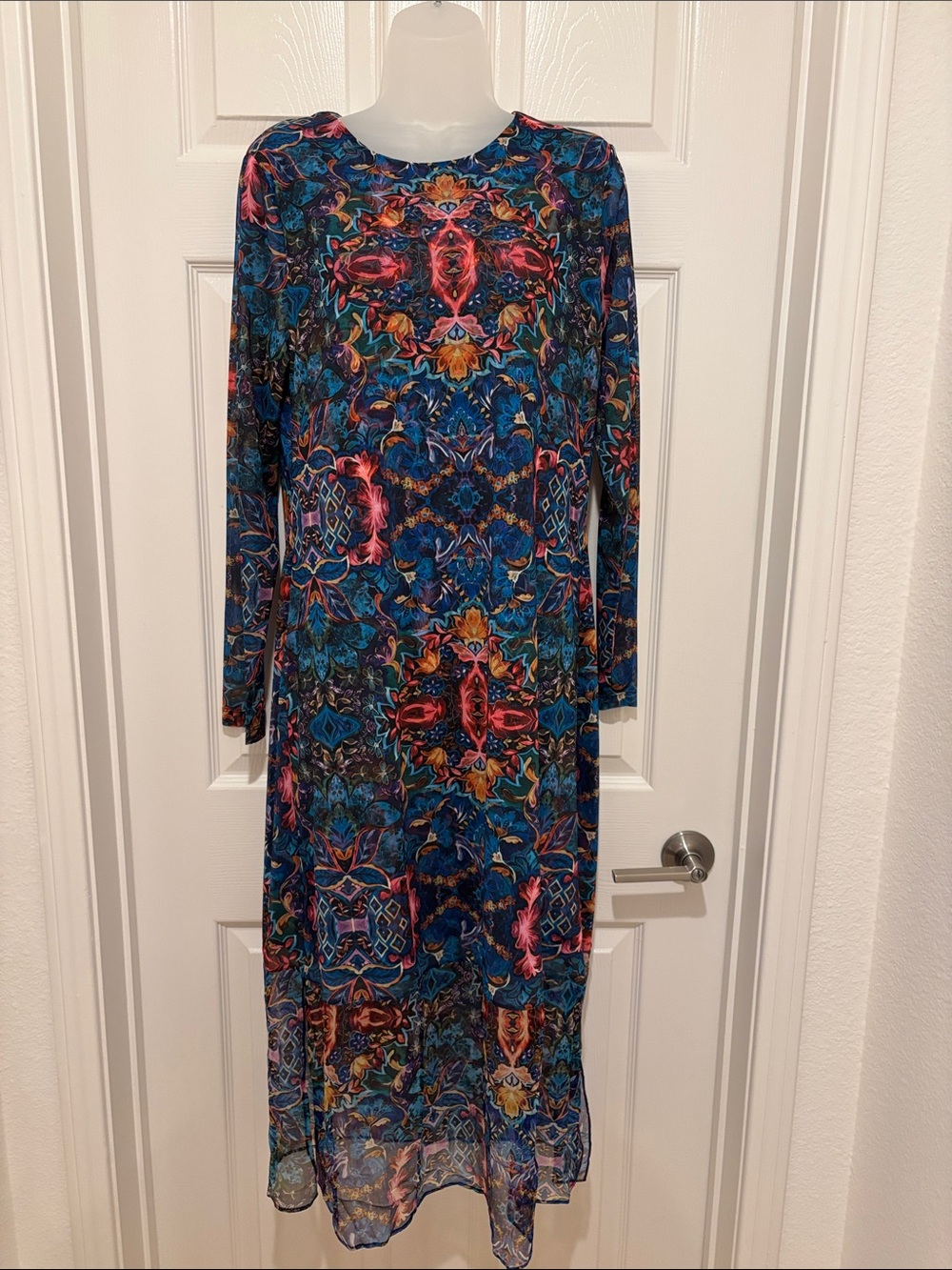 Long Sleeve Floral Mosaic Dress - Blue Multi